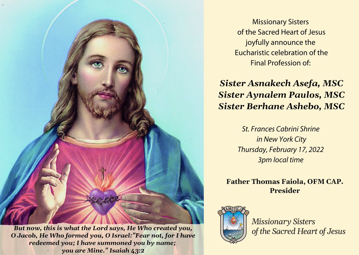 WorldCabrini's tweet photo. You are all invited on Feb. 17 in #FinalProfession of Vows will take place for Sr. Asnakech Asefa, MSC, Sr. Aynalempaulos, MSC, and Sr. Berhane Ashebo, MSC. You are warmly welcome to join us this celebration at St.F.C.Shrine 3pm local time. 👉https://t.co/4pcIGH7wlc 💜🙏 https://t.co/181evvbPnL