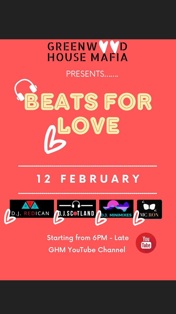 Very excited for our first online event of the year! GHM bring you beats for #love this Saturday starting at 6pm with DJ Scotland and Minimixes join us for a night of banging tunes over on our YouTube channel #love #djs #music #housemusiclovers <a href="/Fudge55/">RED DJ</a> <a href="/NeilScotland/">DJ Neil Scotland</a>