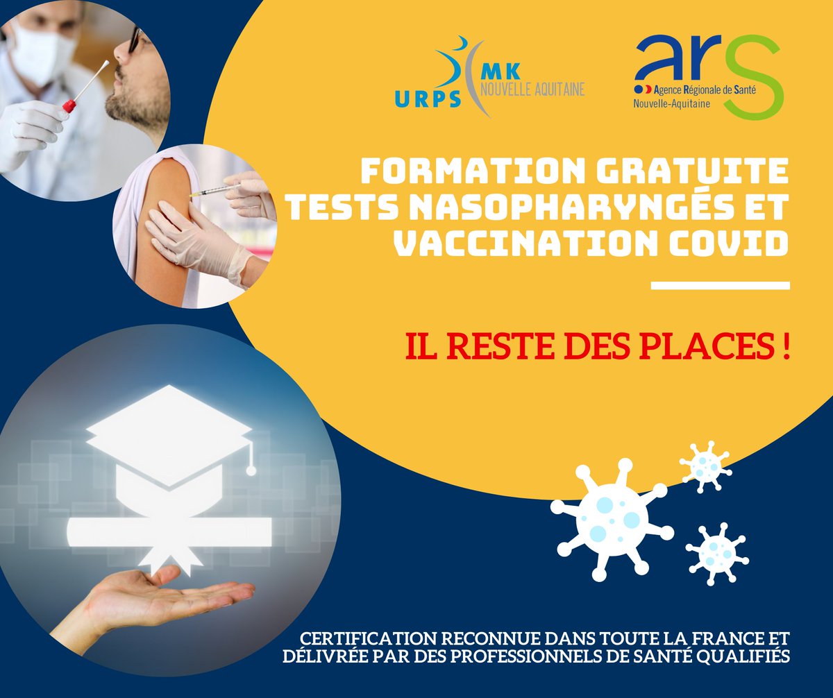 🚨🚨 Formation certifiante "tests nasopharyngés et vaccination COVID" 🚨🚨

Il reste des places pour les sessions de ce soir à BORDEAUX, BAYONNE, PAU, SAINT-VINCENT-DE-TYROSSE et à LIMOGES.

Inscriptions : forms.gle/GGV56TYDrSWUg8…