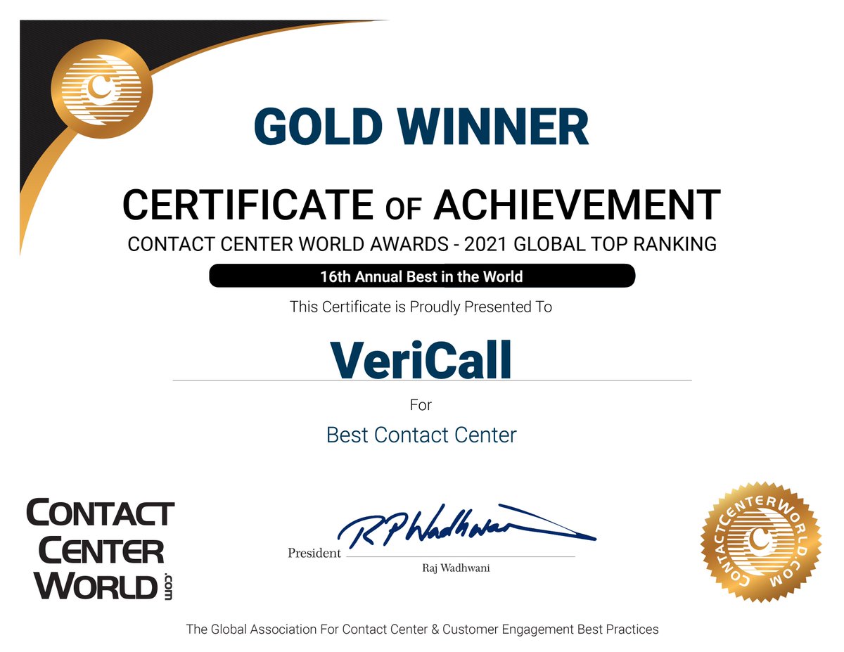 call_veri's tweet photo. Not once, but twice in a row VeriCall has been recognized as the Best In the World!

Last week we were awarded two GLOBAL GOLD awards for Best Contact Centre (Outsourced) and Best Customer Service (Outsourced) in the Large category of the Contact Center World 2021 Awards. https://t.co/DvY9zdgSqm