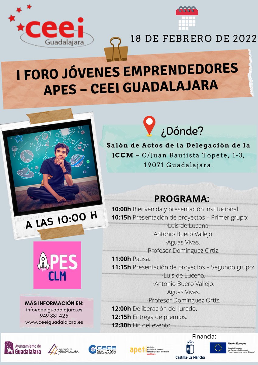 ceeiguadalajara's tweet photo. 🔊💡Ya está aquí el I Foro Jóvenes Emprendedores @apesclm @ceeiguadalajara @CEOEGuadalajara 

🗓18 de febrero ⏰10:00h.
📌Salón de Actos @JCCMGuadalajara 

💪Veremos grandes proyectos de los alumnos del @IESLuisDeLucena @iesaguasvivas @IES_ProfD_Ortiz @iesbuerovallejo @EHTGuada https://t.co/1QvwKskhoV