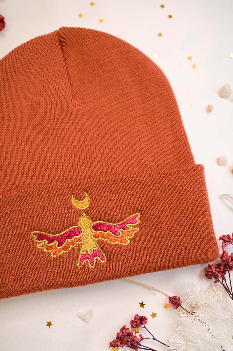 TheColorOfSpac's tweet photo. Moon Bird Embroidered Rust Beanie hat by The Color of Space! Check the shop out for more magical designs! https://t.co/XOzaZyzXJ1