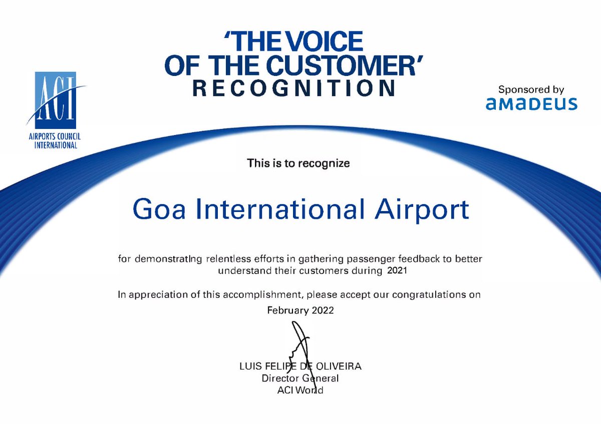 aaigoaairport's tweet image. Goa Int'l Airport has earned recognition of "THE VOICE OF THE CUSTOMER"by Airports Council International @ACIWorld for prioritising customers &amp;amp; remained committed their voices were heard during the pandemic in 2021.@AAI_Official continues to ensure the BEST  @aairedwr @MoCA_GoI
