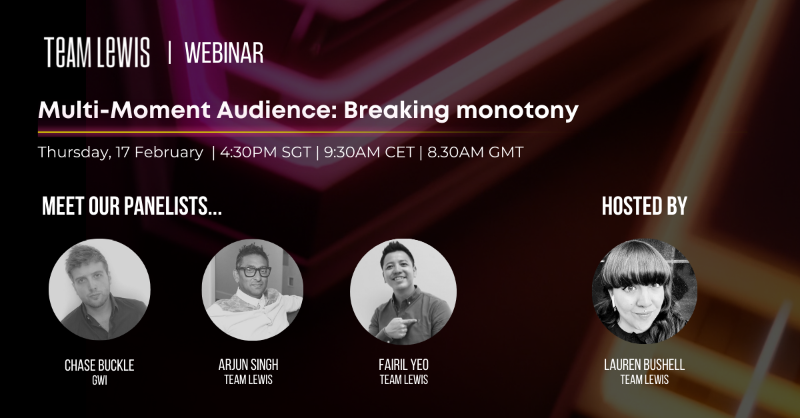 teamlewisglobal's tweet photo. This is a one-week reminder to book your place at our upcoming webinar on 17th February. 🚨

'Multi-Moment Audience: Breaking Monotony' will explore how brands can leverage trends and creative strategies to connect with the modern consumer. Register now.👇