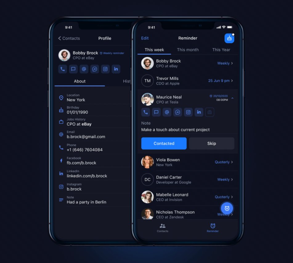 Reminders to stay in touch – don't let your contacts forget you. Set weekly, monthly, quarterly, yearly, or exact time reminders.