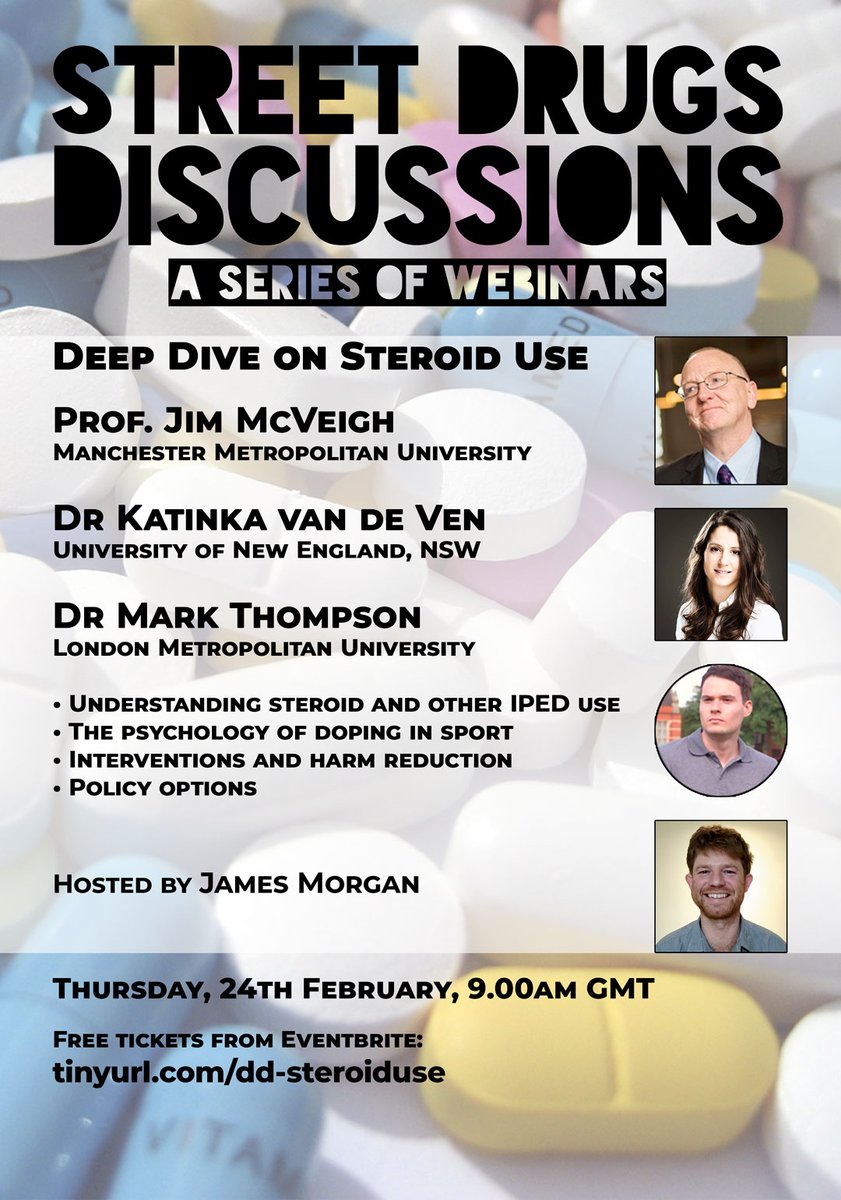 James Morgan (@drjamescmorgan) on Twitter photo The next #StreetDrugsDiscussions free webinar: Deep Dive into Steroid Use
Featuring:
<a href="/mcveigh_jim/">Jim McVeigh</a>
<a href="/KatinkavandeVen/">Katinka van de Ven</a>
Dr Mark Thompson
Thursday 24th Feb 9am GMT - pls join us, share & RT
tinyurl.com/dd-steroiduse
#steroids #harmreduction #drugpolicy #doping #IPED The next #StreetDrugsDiscussions free webinar: Deep Dive into Steroid Use
Featuring:
<a href="/mcveigh_jim/">Jim McVeigh</a>
<a href="/KatinkavandeVen/">Katinka van de Ven</a>
Dr Mark Thompson
Thursday 24th Feb 9am GMT - pls join us, share & RT
tinyurl.com/dd-steroiduse
#steroids #harmreduction #drugpolicy #doping #IPED