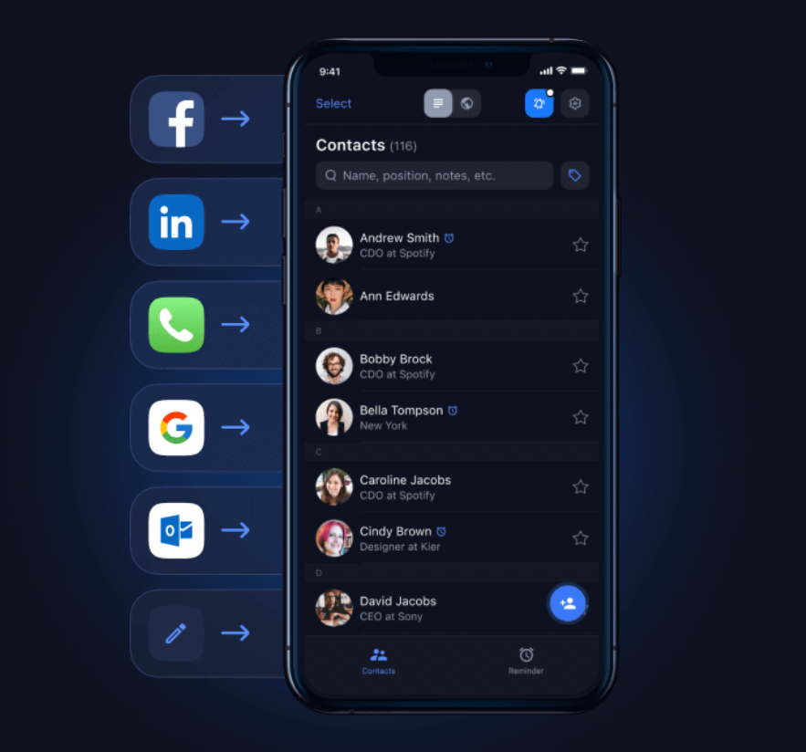 Finally, all your contacts are in one place.
Keep contacts from different channels in a single database. Import contacts from your Contact Book, LinkedIn, Facebook, Google, Microsoft Outlook.