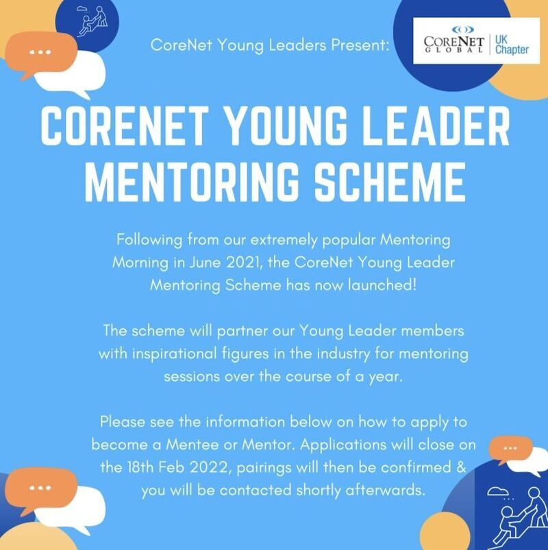 The CoreNet Global UK Chapter Young Leader committee has launched its first annual mentoring scheme! This is a fantastic opportunity - to find out more, take a look at our website: bit.ly/3Bc93VF

#Mentor #YoungLeader #CRE