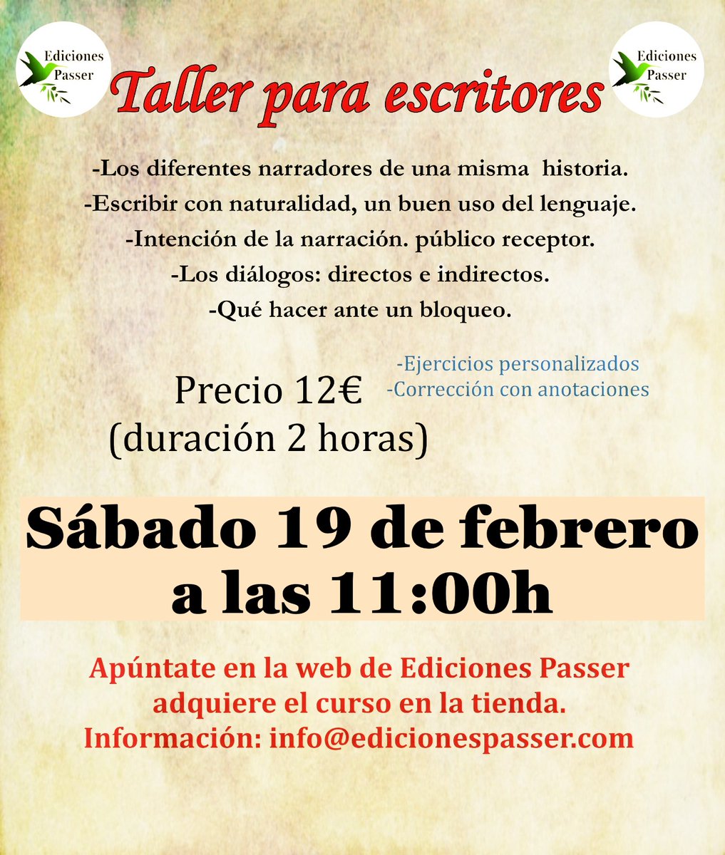 Queridos escritores y escribas, os animamos a participar en nuestro taller online el 19 de febrero. Porque aprender es crecer y siempre viene bien repasar ciertas cosas a tener en cuenta. #cursos #cursosonline #escritores #escribir #Literatura #novelas #EdicionesPasser