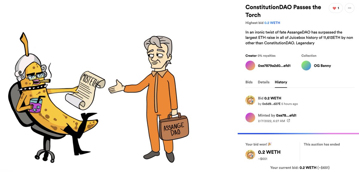Humble brag to follow. History made. I win the one and only, epic patriotic Banny, "ConstitutionDAO Passes the Torch" NFT created by the cool cat <a href="/Mieos_ETH/">Mieos.eth 🦑</a> - thank you. #juicebox #nft ps. gm.