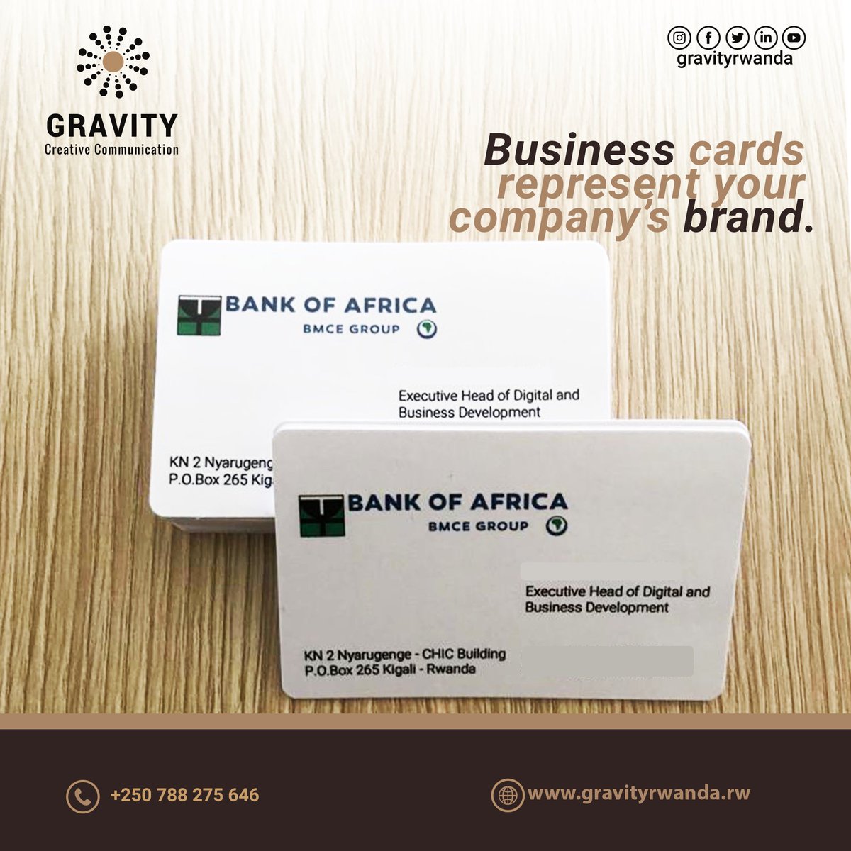 GravityRwanda's tweet photo. Brand your company with unique business cards. We thank @BankOfAfricaRw for working with us.
#WeLoveWhatWeDo #branding #brandinginrwanda #graphicdesign #creativityinrwanda #creativeagency #businesscards #graphicinrwanda #Advertisinginrwanda #printinginrwanda #visitrwanda. https://t.co/YgdoNoqur1