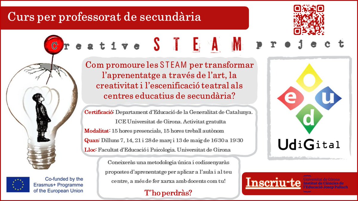 STEAM + Art + Escenificació Teatral + Creativitat? Tot junt i per promoure l'aprenentatge a l'ESO? Sí! Si ets docent i vols aprendre una nova metodologia per aplicar al teu centre amb aquests ingredients, vine a la formació que hem dissenyat! Info: bit.ly/informaciócurs…