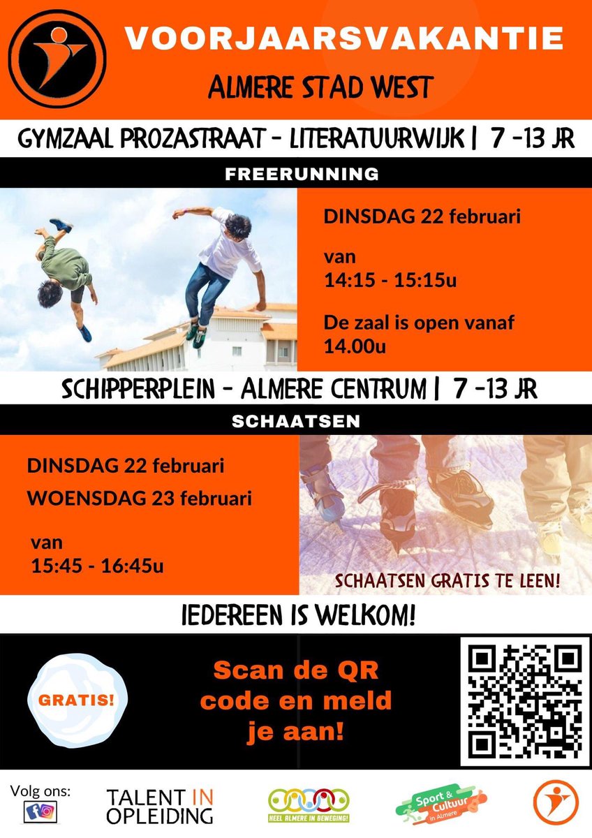 Schaatsen op het Schippersplein in de voorjaar vakantie. 👍⛸

Dinsdag 22 februari en woensdag 23 februari van 15.45 - 16.45u. 

Tijdens deze middagen zijn de schaatsen van de Almeerse Schaats Vereniging gratis te leen. 

Aanmelden kan via: tinyurl.com/vakantieTIO