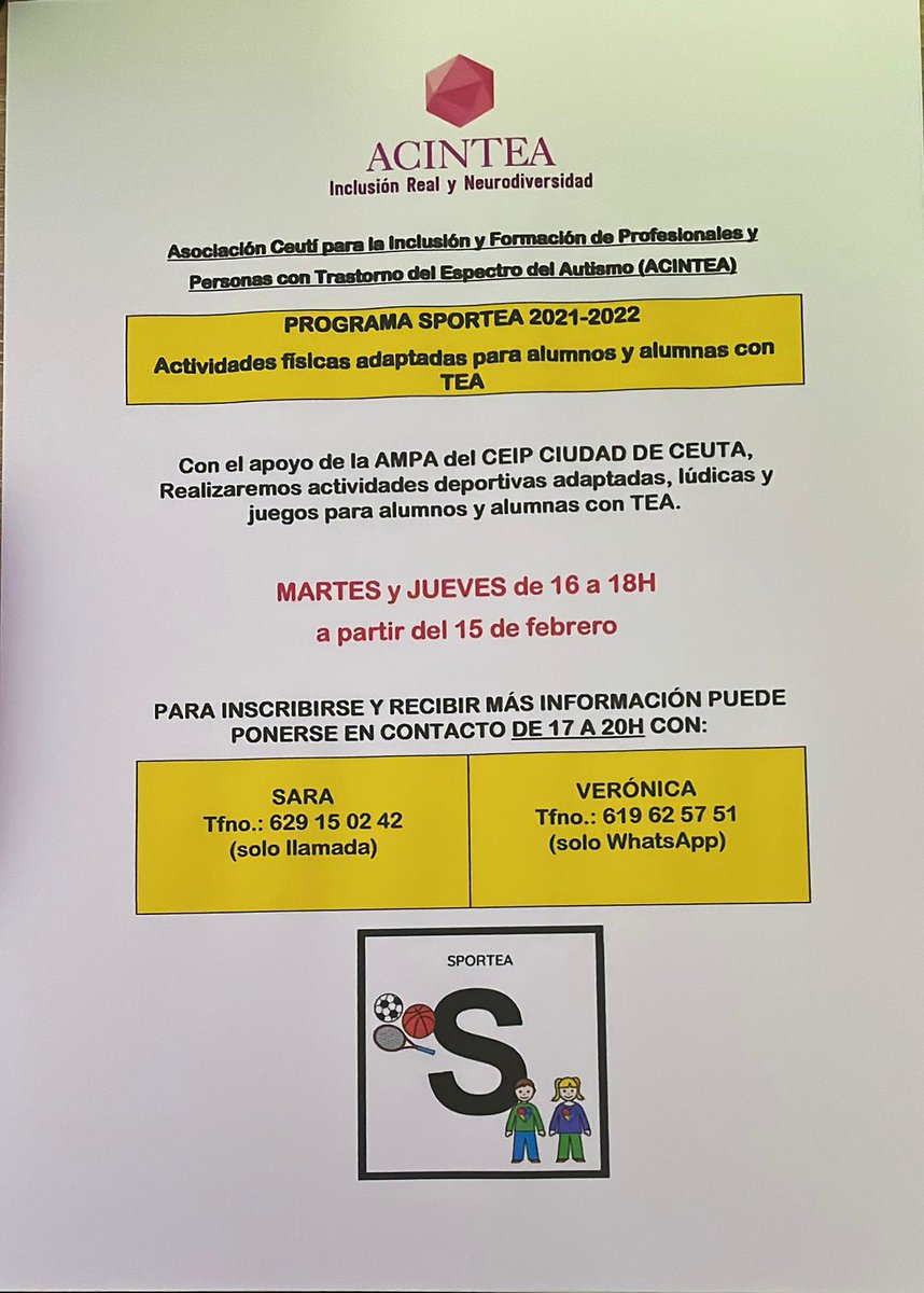 Ceip17_Ceuta's tweet photo. El próximo día 15 comienza el Programa #SPORTEA. Actividades físicas adaptadas para alumnos y alumnas con #TEA. #ACINTEA https://t.co/6wRRjOF3dj