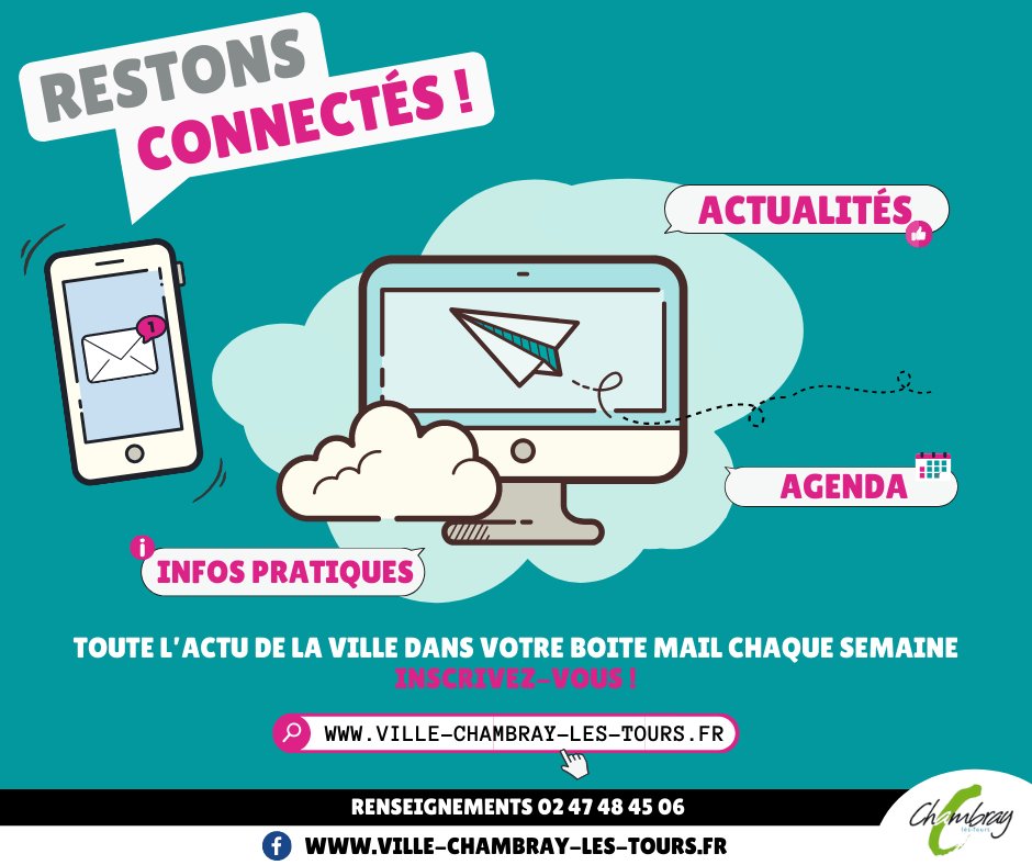 Pour suivre toute l'actualité de votre Ville, inscrivez-vous à la Lettre d'information ! 👍
🖥 Rendez-vous sur le site de la Ville puis cliquez sur "s'abonner" ! 🖱 ville-chambray-les-tours.fr