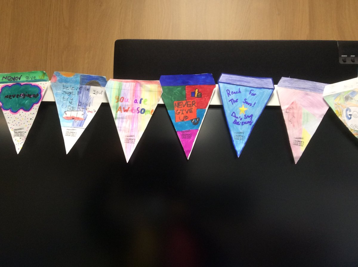 MrsTeillard's tweet photo. For Children’s Mental Health Week the class wanted to make positive messages to put round the classroom to keep each other motivated. We made this fantastic bunting on Monday! @Greenbraeschool @Place2Be https://t.co/G0N60a14Ka