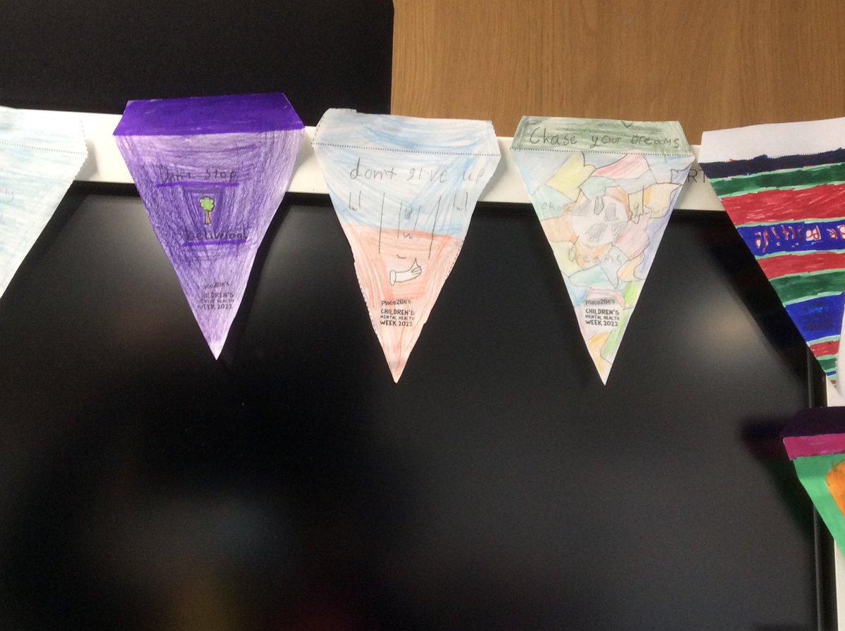MrsTeillard's tweet photo. For Children’s Mental Health Week the class wanted to make positive messages to put round the classroom to keep each other motivated. We made this fantastic bunting on Monday! @Greenbraeschool @Place2Be https://t.co/G0N60a14Ka