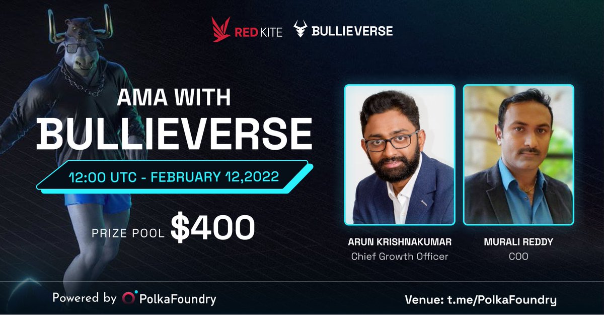 🙌AMA with <a href="/Bullieverse/">Bullieverse</a> $BULL is coming your way

Don’t forget the date with us at: 

🕰️Time: 12:00 UTC, Feb 12
🤑Reward: $400 pool prize

Rules:
⏩Follow <a href="/PolkaFoundry/">Polka Foundry</a> &amp; <a href="/Bullieverse/">Bullieverse</a>
⏩Like &amp; Retweet &amp; drop ONE question  
⏩Join t.me/polkafoundry

 $PKF #RedKite