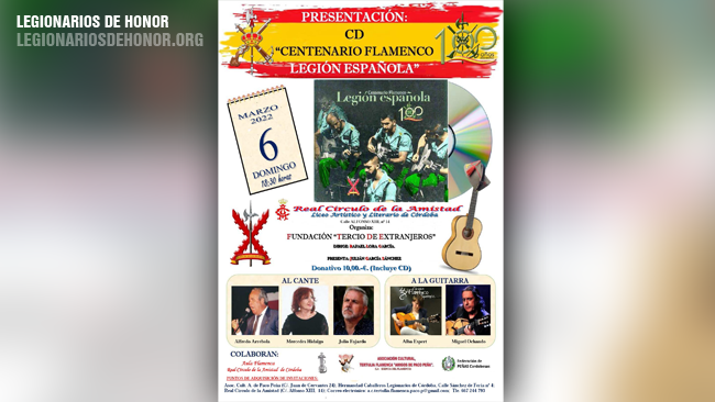 ANLH_JOMunilla's tweet photo. 🎙 ACTUALIDAD | CÓRDOBA. El 6 de marzo tendrá lugar en el Real Círculo de la Amistad un nuevo acto de presentación del CD Centenario Flamenco Legión Española. Está organizado por la Fundación Tercio de Extranjeros ... https://t.co/RnAJ1QFmXk. #LaLegión #CentenarioLegiónEspañola https://t.co/ONIxk2yqhi