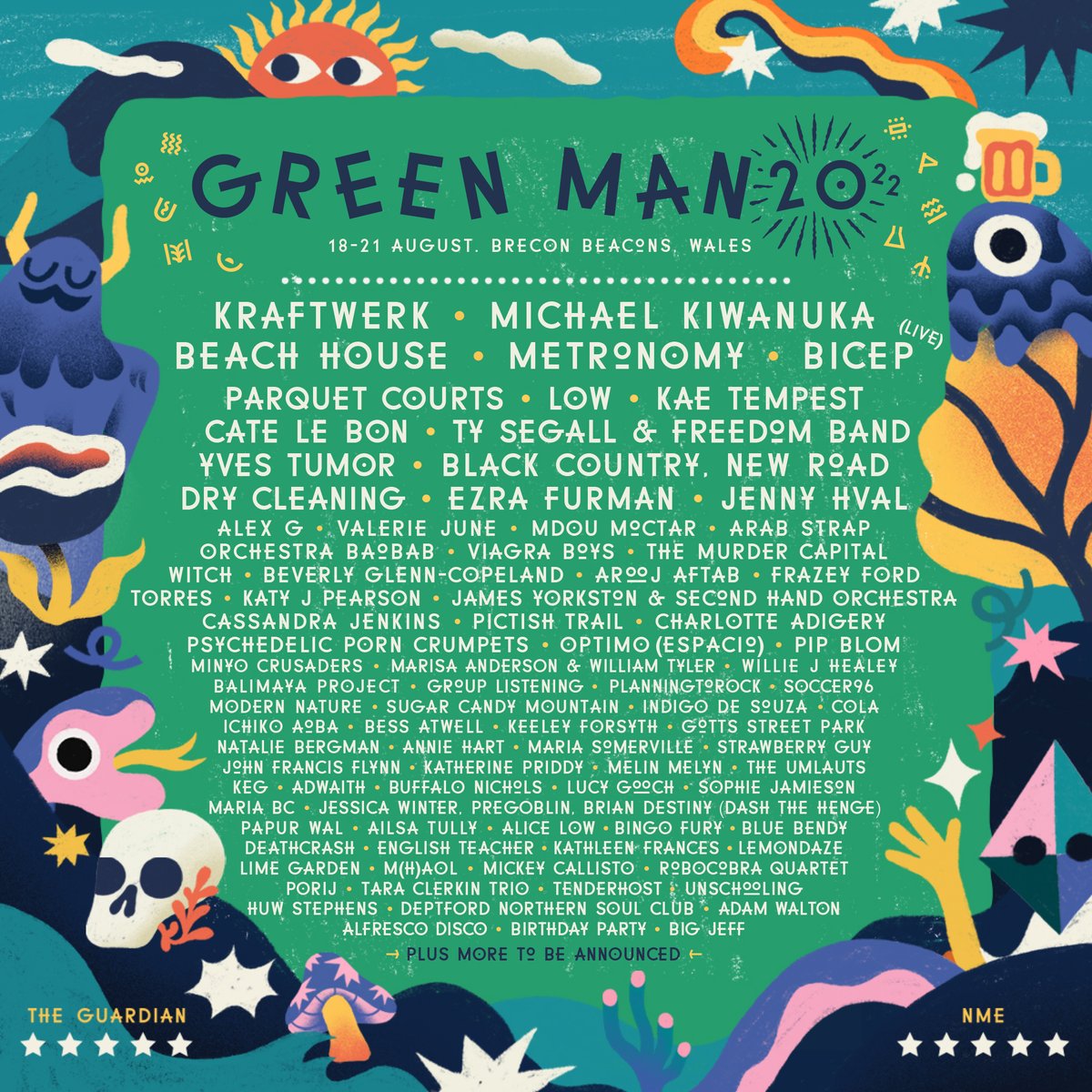 Green Man's 20th birthday line-up has arrived! 🏴󠁧󠁢󠁷󠁬󠁳󠁿🎉 Feast those ears on your headliners @kraftwerk, @michaelkiwanuka, @BeaccchHoussse & @metronomy, plus a bursting-at-the-seams selection of over 80 acts! We cannot wait to celebrate #GreenMan22 together. Big love, GM 💚