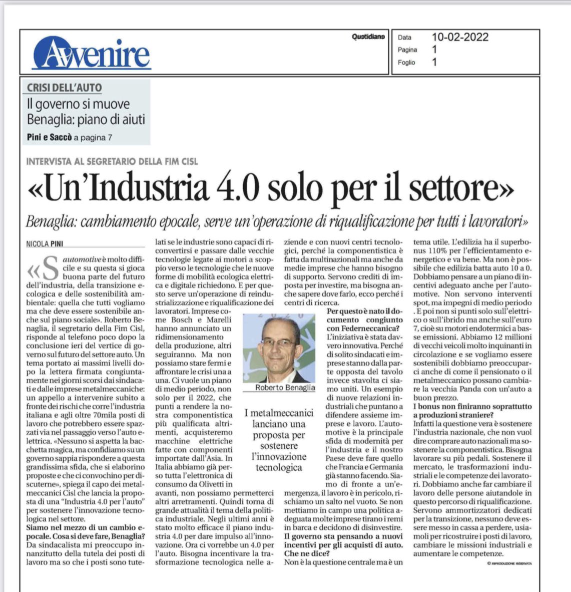 FIMCislStampa's tweet photo. 🔴🔴🔴 #Automotive 🚘 oggi su @Avvenire_Nei 🗞da leggere intervista a #Benaglia: serve  un’industria 4.0 solo per il settore. Siamo davanti ad un cambiamento epocale,  non servono interventi spot ma di medio periodo, sostenere l’industria e riqualificare tutti i lavoratori https://t.co/uxc932CseM
