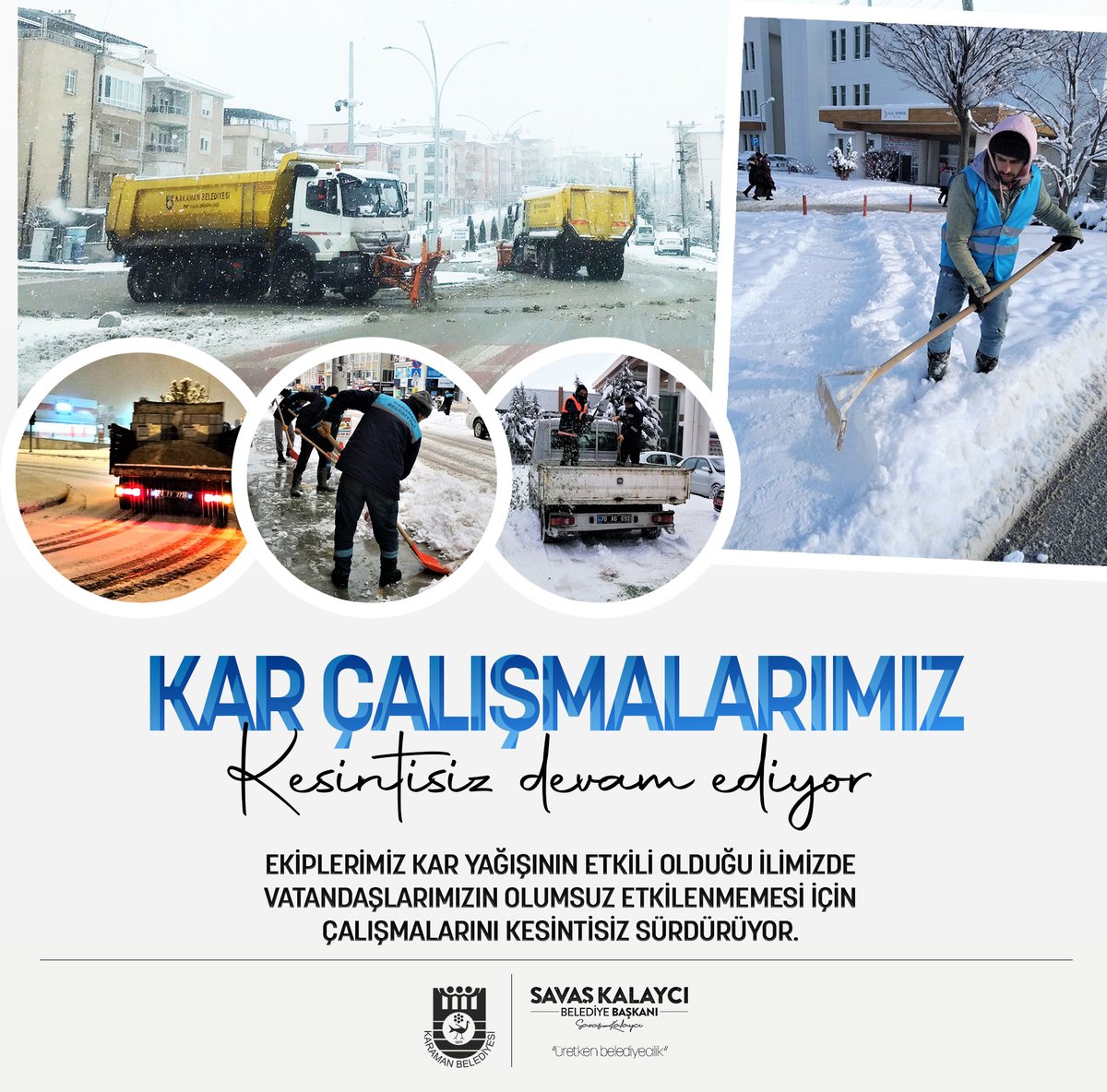 karaman_bel_tr's tweet photo. Ekiplerimiz kar yağışının etkili olduğu ilimizde vatandaşlarımızın olumsuz etkilenmemesi için çalışmalarını kesintisiz sürdürüyor.
#10Şubat #Perşembe #TümEkiplerimizleSahadayız #KaramanBelediyesi #SavaşKalaycı https://t.co/dnKAYPos6d
