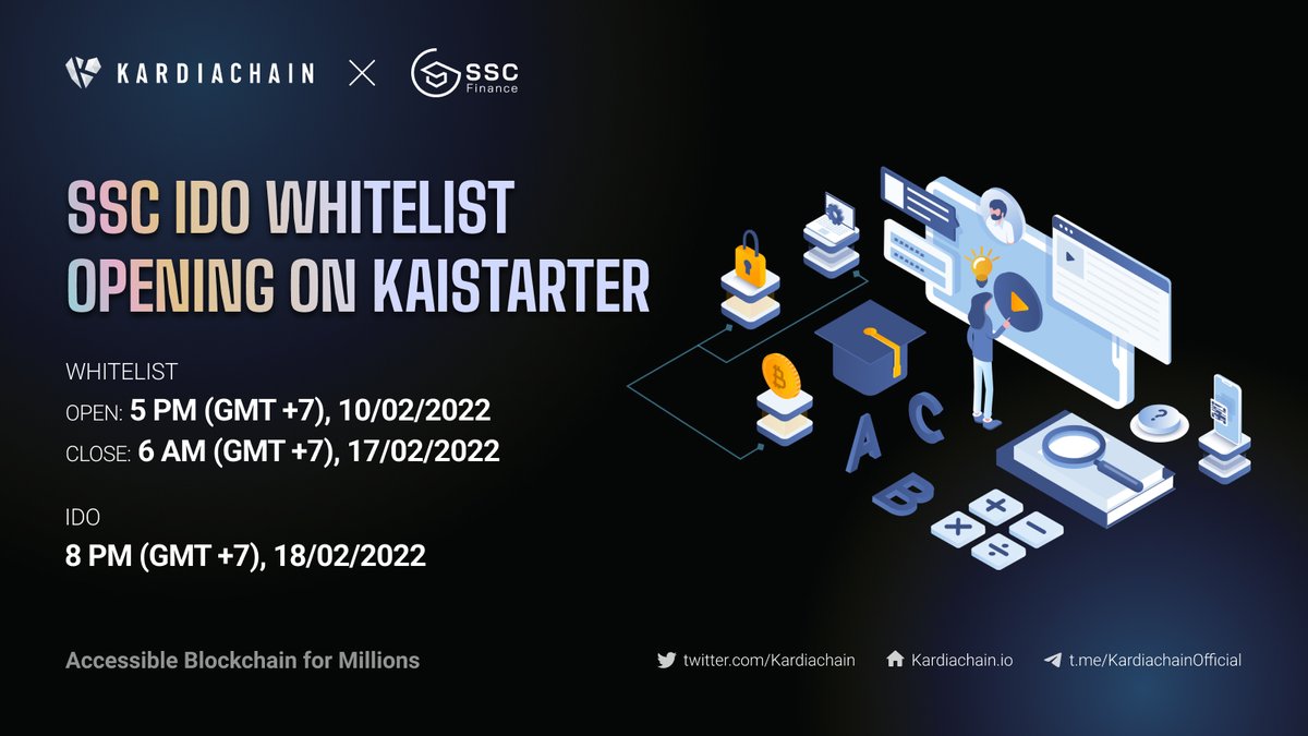 KardiaChain (@kardiachain) on Twitter photo <a href="/SSCSocialStudy/">SSC - Social Study</a> #IDO whitelist opening on KAIStarter
IDO time: 8 PM (GMT +7) 18/2/2022
Whitelist process:
WL opens: 5 PM (GMT +7), 10/02/2022
WL closes: 6 AM (GMT +7), 17/02/2022
Join at:
kaistarter.kardiachain.io/ssc <a href="/SSCSocialStudy/">SSC - Social Study</a> #IDO whitelist opening on KAIStarter
IDO time: 8 PM (GMT +7) 18/2/2022
Whitelist process:
WL opens: 5 PM (GMT +7), 10/02/2022
WL closes: 6 AM (GMT +7), 17/02/2022
Join at:
kaistarter.kardiachain.io/ssc