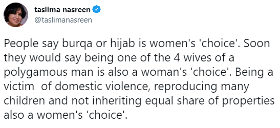 hazy_sam's tweet photo. Reputed author/novelist @taslimanasreen who waged a lifelong war against #Islamists, speaks out against #Hijab 

She was driven out for speaking in favor of #Hindu minorities in #Bangladesh

Now #TukdeTukdeGang will brand her as #Sanghi 
@CestMoiz @thehawkeyex https://t.co/ewzMGicvkd