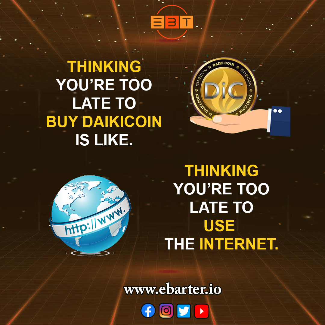 ebarter_smart's tweet photo. It's never too late to start doing good things.

Contact us today to invest in Daikicoin!
.
.
#investing #Investment #Blockchain #blockchaintechnology #cryptocurrency #ebarter #Coinmarketcap #daikicoin #dic https://t.co/rTNM53m8sj