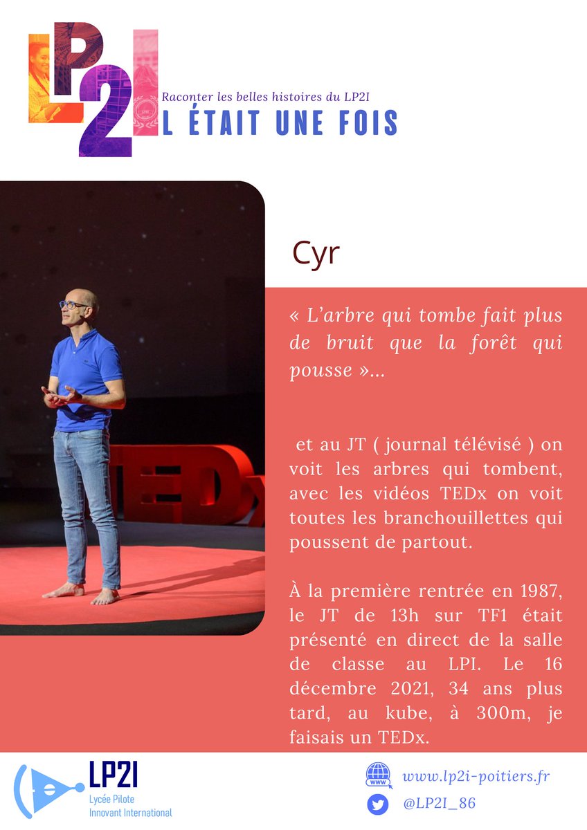 LP2I_86's tweet photo. Merci à @CyrDiore pour ce témoignage et la mise en avant de @TEDxPoitiers  !

Ancien du LP2I, racontez nous :
✅ vos souvenirs du LP2I, 
✅racontez nous qui vous êtes aujourd'hui...

Une photo, un texte... et LP2Il était une fois ! https://t.co/2XZEPnC69Z