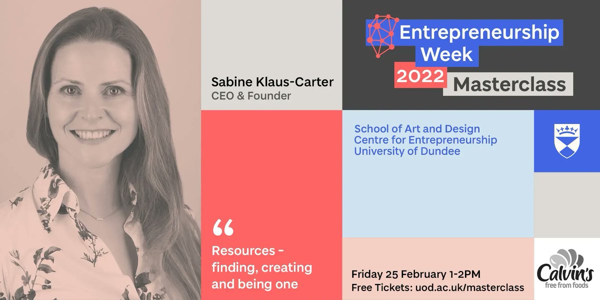 UoDEnterprise's tweet photo. Our second Masterclass of the semester is nearly here

@calvinsfreeform graduated with a Bachelor in Time Based Arts in 2005 from Dundee University and is now founder of 'Calvin's free-from foods'! Join us to learn about Sabine's journey

Register here- https://t.co/TUdhqTcoax https://t.co/knM231SgLk