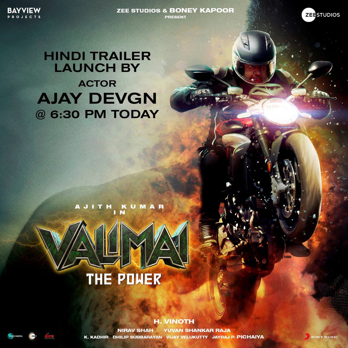 BoneyKapoor's tweet photo. Set the alarm for 6:30 PM! @ajaydevgn will be launching the #Valimai trailer in Hindi today.

#Valimai #Valimai240222
#ValimaiFromFeb24

#AjithKumar #HVinoth @thisisysr @BayViewProjOffl @ZeeStudios_ @sureshchandraa @ActorKartikeya #NiravShah @humasqureshi @RajAyyappamv https://t.co/iUUD43BDHu