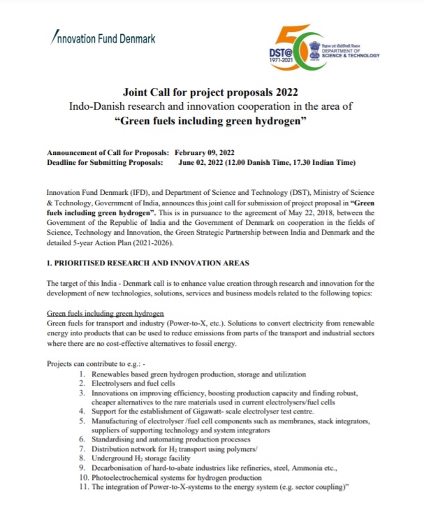 Joint Call for project proposals 2022 Indo-Danish research and innovation cooperation in the area of 'Green fuels including green hydrogen'.

#GreenFuels