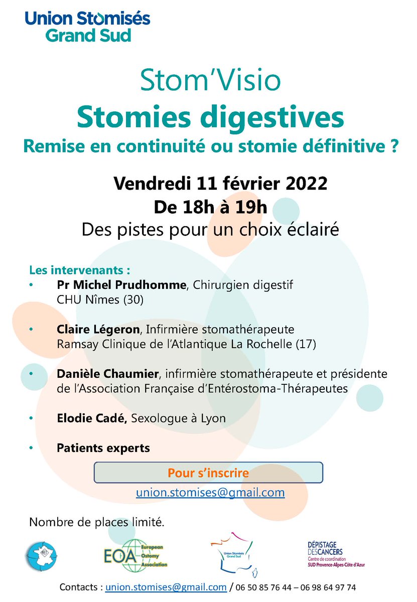 FSKServices's tweet photo. [ON PARTAGE]
L' Union Stomisés Grand Sud propose ce vendredi 11 février de 18h à 19h une Stom'Visio sur le thème des Stomies digestives : Remise en continuité ou stomie définitive ? - Des pistes pour un choix éclairé
Pour en savoir + ou vous inscrire : union.stomises@gmail.com https://t.co/ig6XbLXqgP