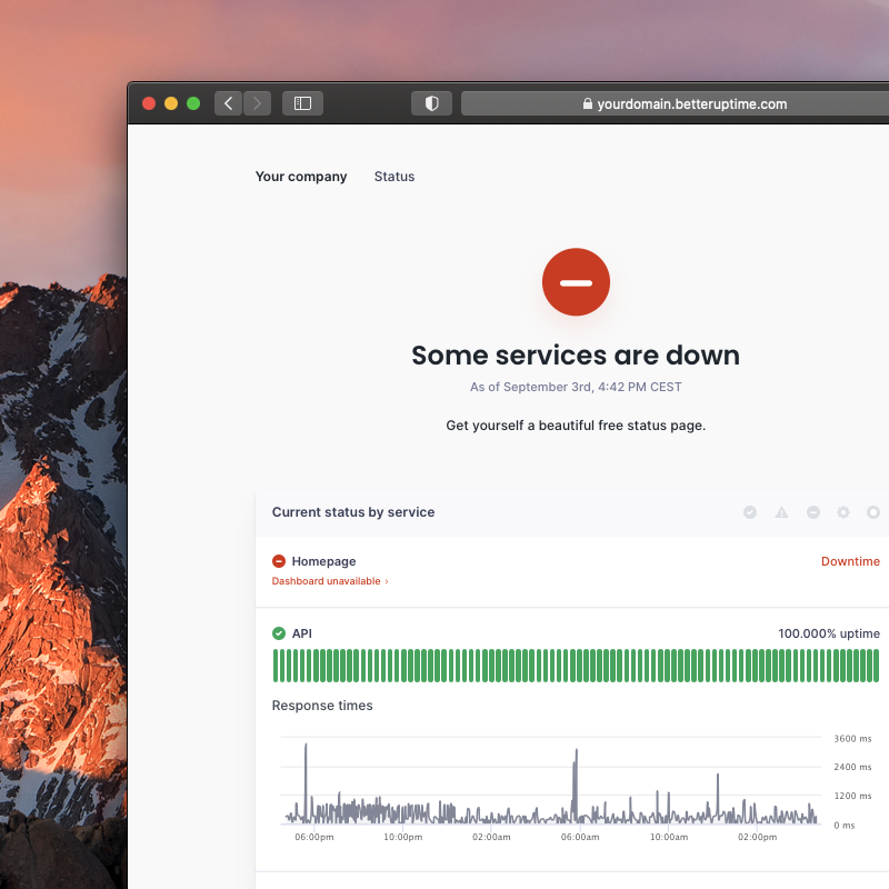 BetterStackHQ's tweet photo. Make your downtime communication a 🍰  with a beautiful status page

📣  Keep your users informed and build trust

🔭  Monitoring and On-call scheduling built-in