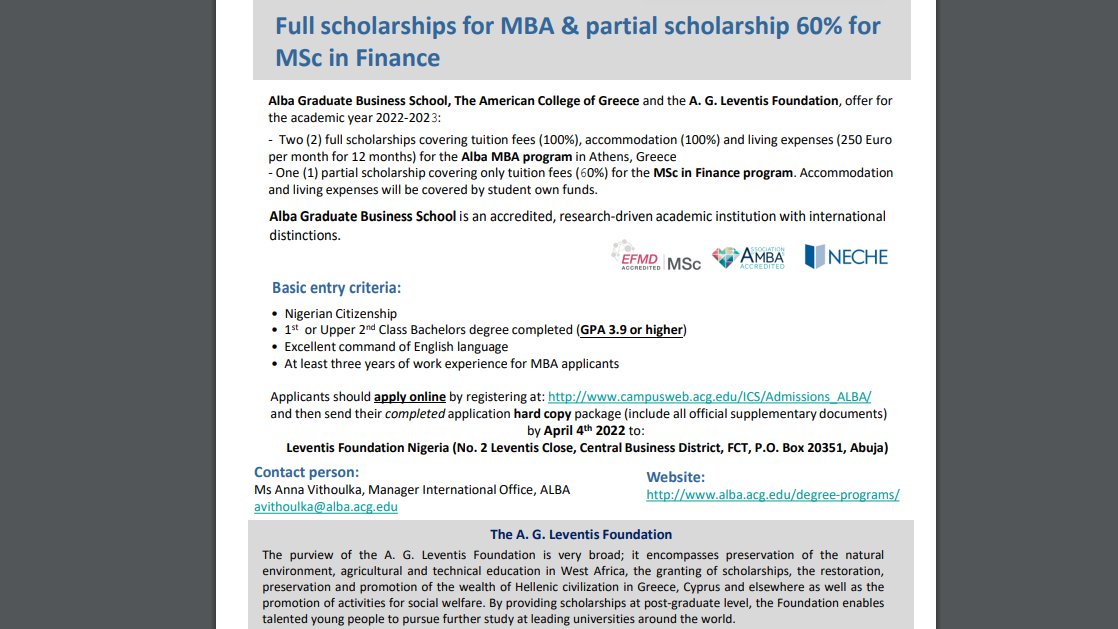 Applications are now open for the Leventis Foundation Full and Partial Scholarships for MBA and MSc in Finance at Alba Graduate Business School, Greece. 

For more details, follow the link below 
leventisfoundation.org.ng/2022/02/10/alb…