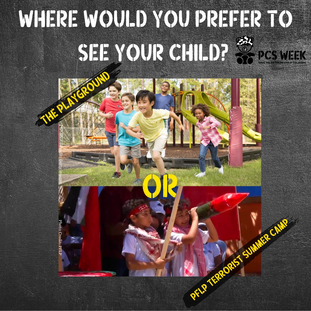 PCSWeek's tweet photo. A child should be swinging on monkey bars, not playing with rockets… Children’s innocence is being stripped away by terrorists like Hamas or the PFLP who educate children to hate. #KidsNotSoldiers #PCSweek https://t.co/Hfv6pa2ZgI