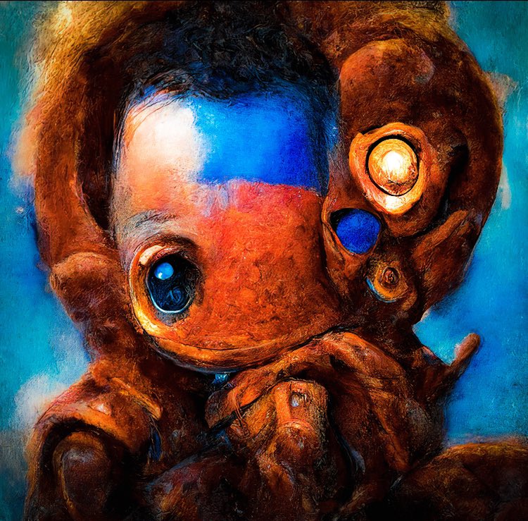 Getting closer to pulling my genesis collection of AI-generated art together. This one makes me smile. Nam amor artis et polypus. #NFT #AIart <a href="/AIMC_AI/">AIMC</a>