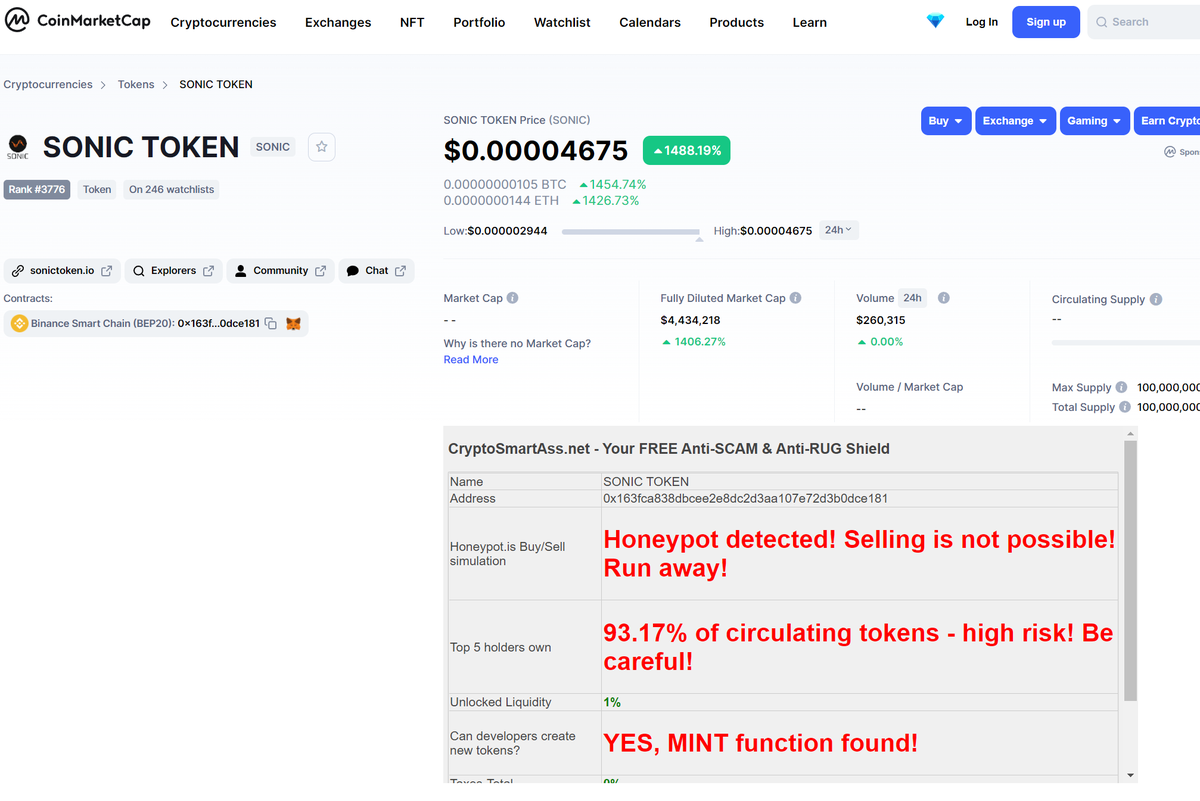 1cryptosmartass's tweet photo. CAUTION:
Top Gainer #2 SONIC TOKEN on #CoinMarketCap with 3 red flags 🚩🚩🚩

@sonictokenbsc @CoinMarketCap
#Trending #cryptocurrency #CoinMarketCap #BSC #BSCGem #BSCGemsAlert #ScamAlert  #fightershiba 
@PeckShieldAlert #SCAM https://t.co/upnpvs8GvQ