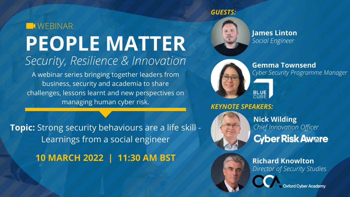 In our next People Matter webinar, James Linton and the team will be discussing 'Strong #securitybehaviours are a life skill - Learnings from a #socialengineer' on 10 March at 11:30 AM BST. 

Register now: us02web.zoom.us/webinar/regist…