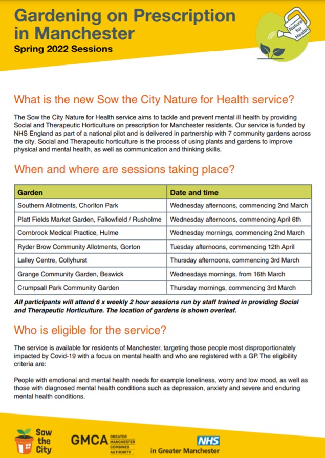 SowtheCity's tweet photo. We now have dates confirmed for #greensocialprescribing sessions this spring at community gardens around Manchester. If you or someone you know is struggling with their mental health then refer onto this service for free gardening on prescription.
@GMPandC #GMNatureforHealth https://t.co/lOtkV0sIPm