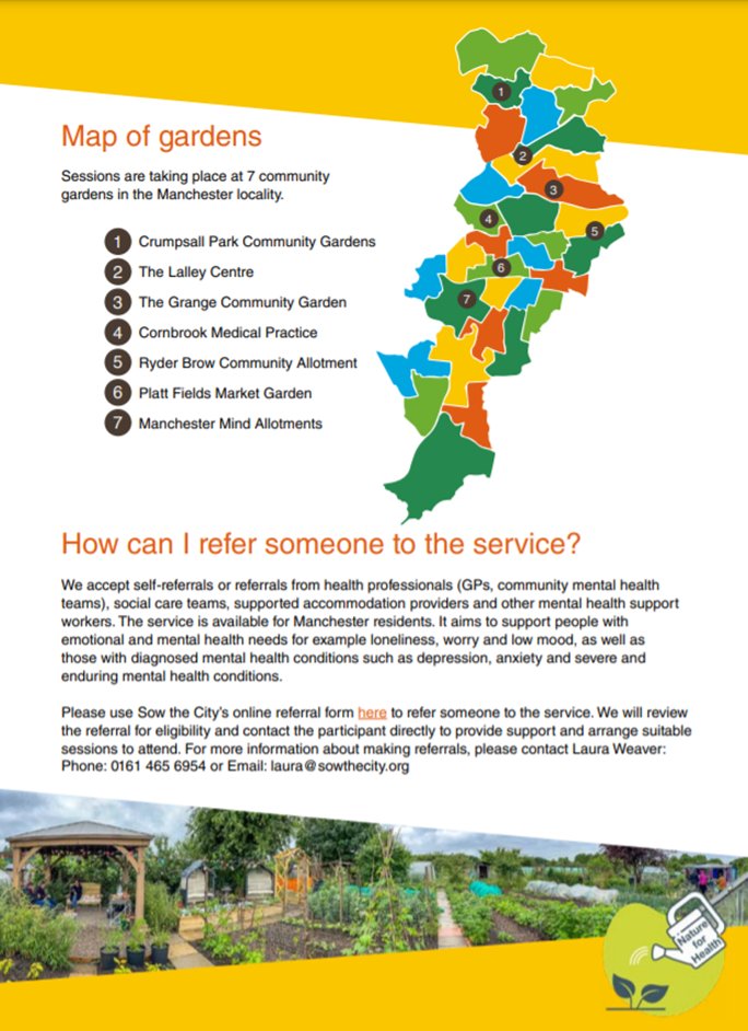 SowtheCity's tweet photo. We now have dates confirmed for #greensocialprescribing sessions this spring at community gardens around Manchester. If you or someone you know is struggling with their mental health then refer onto this service for free gardening on prescription.
@GMPandC #GMNatureforHealth https://t.co/lOtkV0sIPm