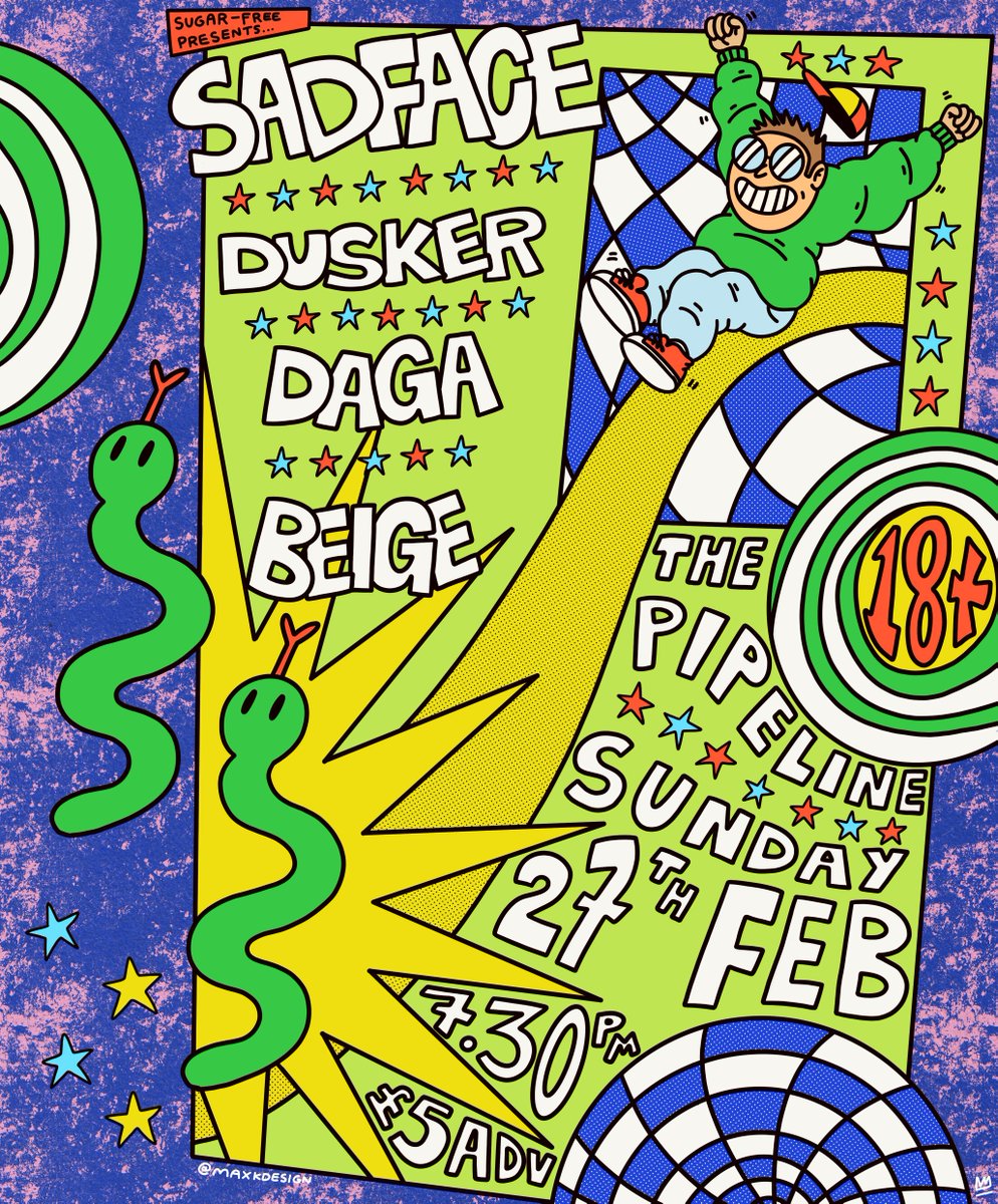 Another sick poster design, this one from <a href="/maxkdraws/">max kemp</a> 🔥 don't miss <a href="/SadfaceUK/">SADFACE</a> bringing the gritty punk bangers back to Brighton on Sunday 27th February, along with Dusker, <a href="/DagaBand/">Daga</a> &amp; <a href="/beigetheband/">Beige</a> at The Pipeline.

£5 adv. tickets available here: bit.ly/sadface-btn