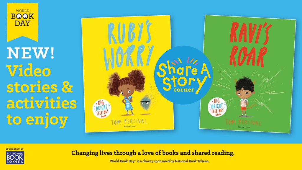 WorldBookDayUK's tweet photo. Watch our NEW Share a Story Corner video stories with your little ones - Ruby’s Worry and Ravi's Roar are poignant stories by @TomPercivalsays that make the perfect books to discuss childhood worries for #ChildrensMentalHealthWeek @KidsBloomsbury https://t.co/1tOrO2zsTW https://t.co/OrrCgVAI5s