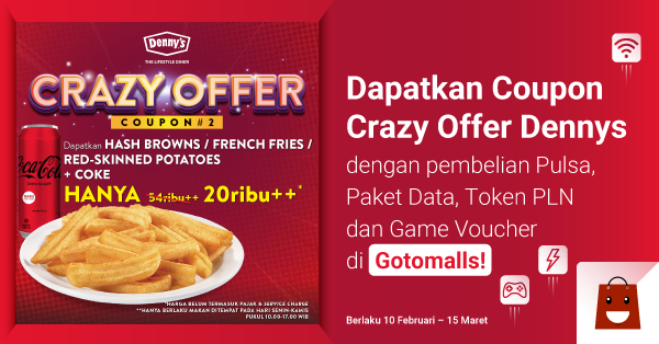 Dapatkan Coupon Crazy Offer Dennys dengan pembelian Pulsa, Paket Data, Token PLN dan Game Voucher di Gotomalls!!

Klik: bit.ly/crazyofferdenn…

Jangan sampai ketinggalan kupon ini, guys! Segera ambil kuponnya dan tukarkan di outlet Denny’s sekarang juga!