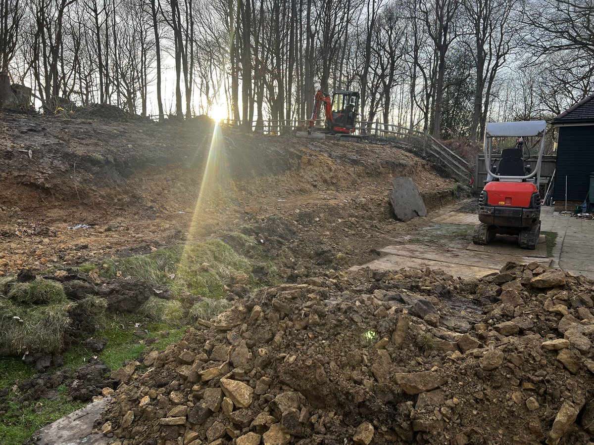 WWLandscapes's tweet photo. Digging out for 2 tiered sleeper retaining wall. #landscaping #TunbridgeWells https://t.co/9IaM7dI21I
