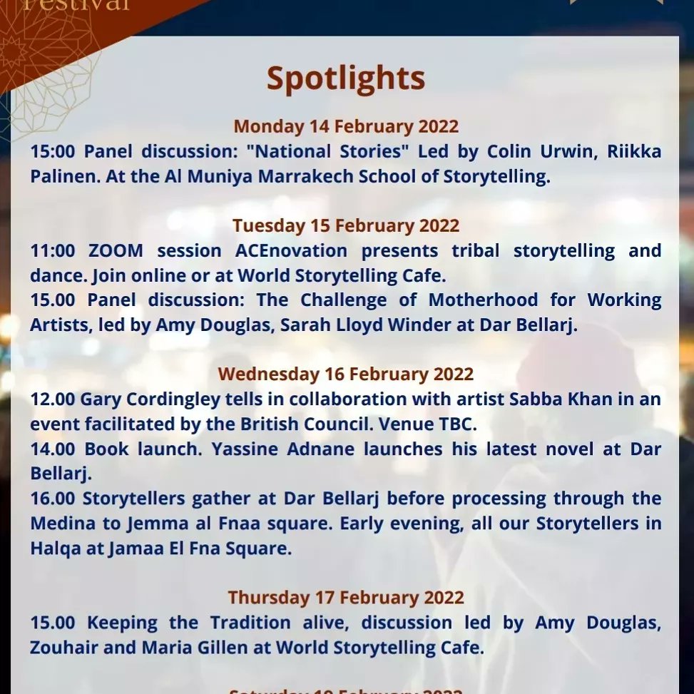 HumanStew's tweet image. Marrakech International Storytelling Festival! 

Starts Monday, 14 February 2022...