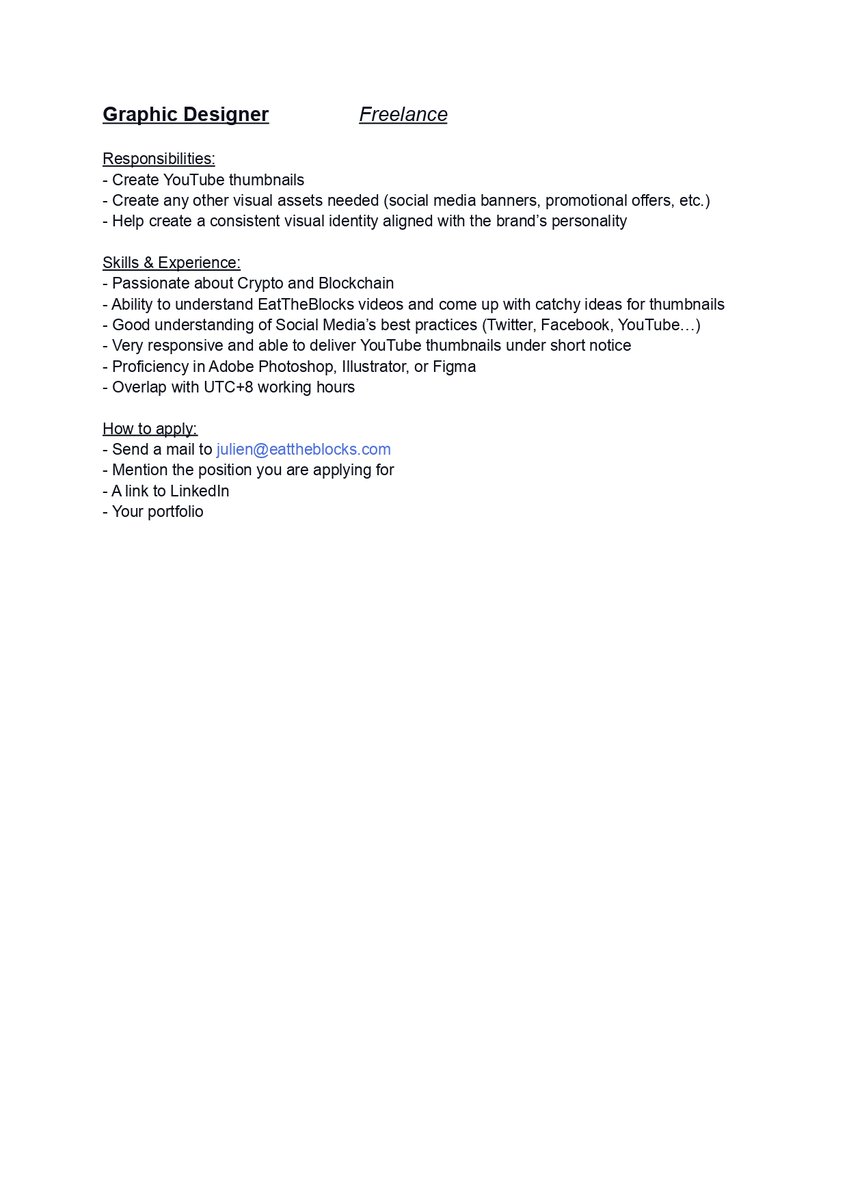 eattheblocks's tweet photo. EatTheBlocks is hiring! 

We are looking for new teammates such as a Freelance #GraphicDesigner, a Freelance #Web3Instructor, and a Full-Time #SchoolManager. 

The descriptions of the positions are in the following files.

We hope you'll find the perfect job through our offers! https://t.co/UCwwowTZFt
