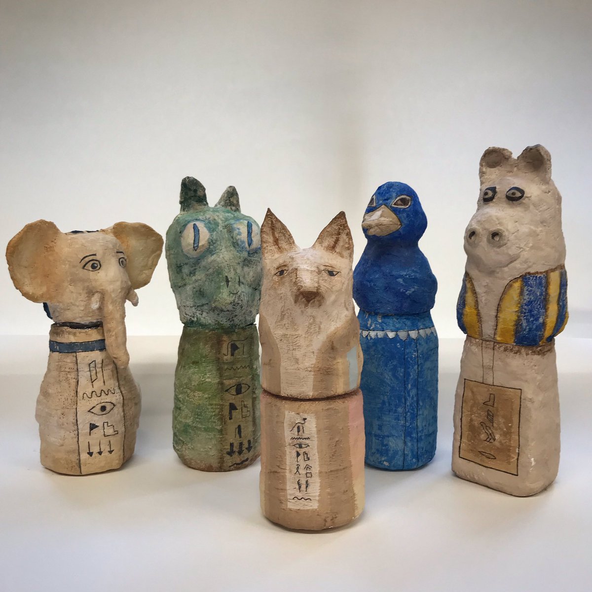 Amazing Egyptian Canopic jars made by 8B
Fantastic work 👏#year8art #year8artist #highschoolart
#egyptiancanopicjars 
#modrock