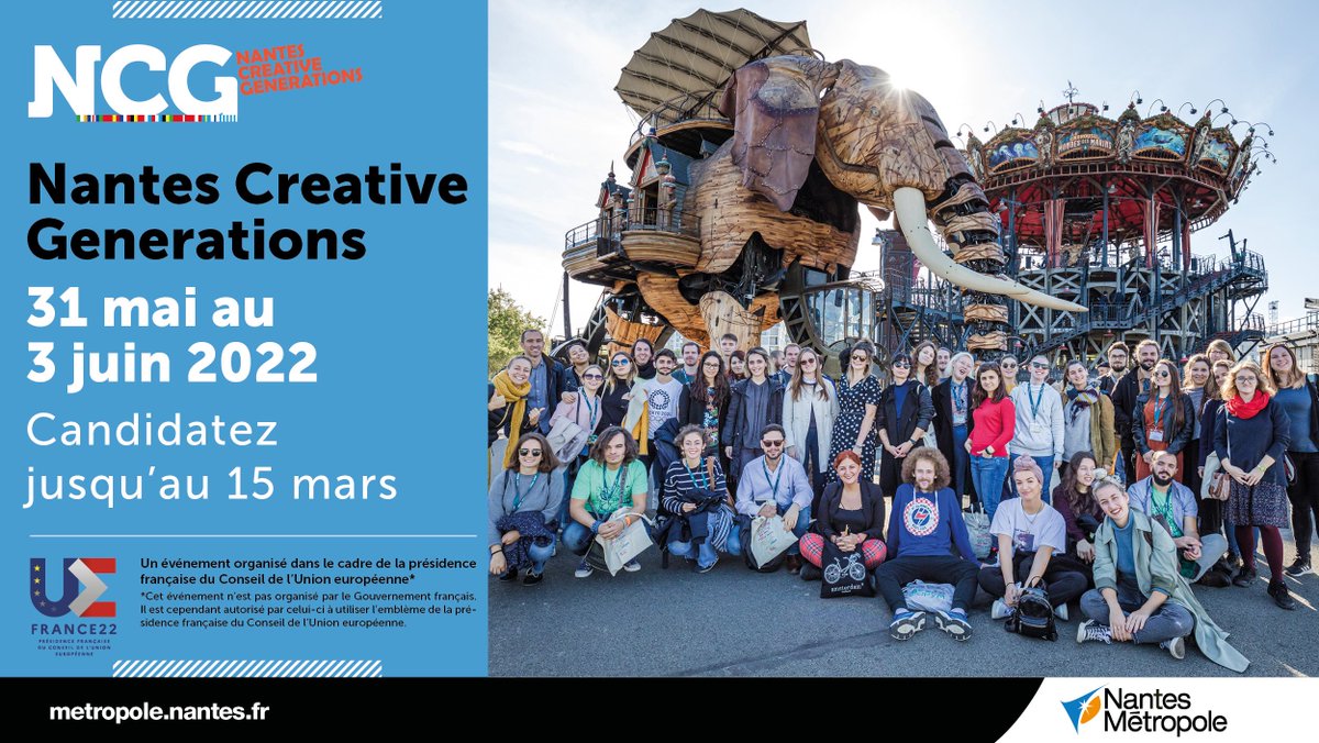 ✅Vous avez de 18 à 30 ans ? 
✅Vous portez un projet ou une initiative ?
✅Vous souhaitez rencontrer et débattre avec d'autres jeunes européens ? 
Un appel à participation pour le forum Nantes Creative Generations 2022 est lancé : candidatez !
🔗 metropole.nantes.fr/services/aides…